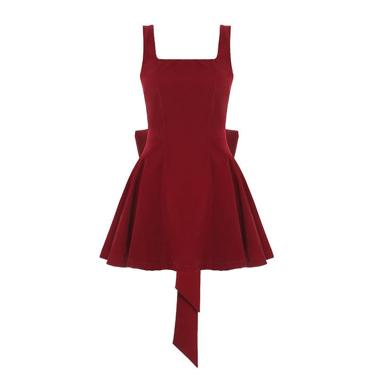 Sexy Backless Bow Red Velvet Waist - cinching A - line Dress - Rezaro