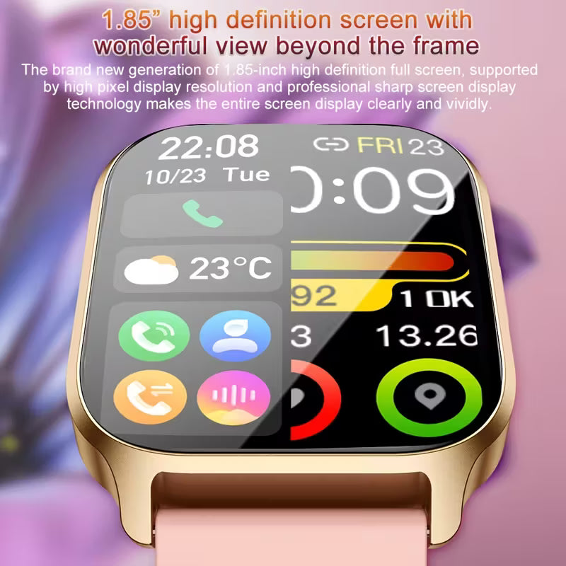 Rezaro Elina Smartwatch with a sleek design, touchscreen display, and adjustable band, showcasing fitness tracking features.