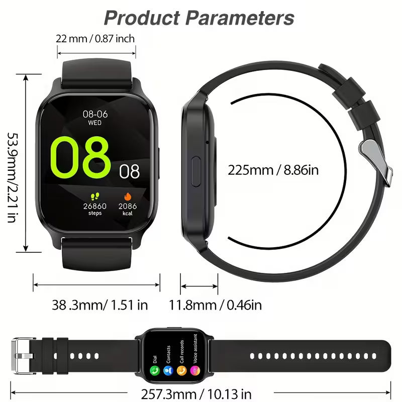 Rezaro Elina Smartwatch with a sleek black design and colorful touchscreen display on a wooden table.