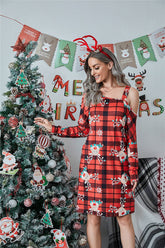 Christmas Plaid Print Off - shoulder Long Sleeve Dress - Rezaro