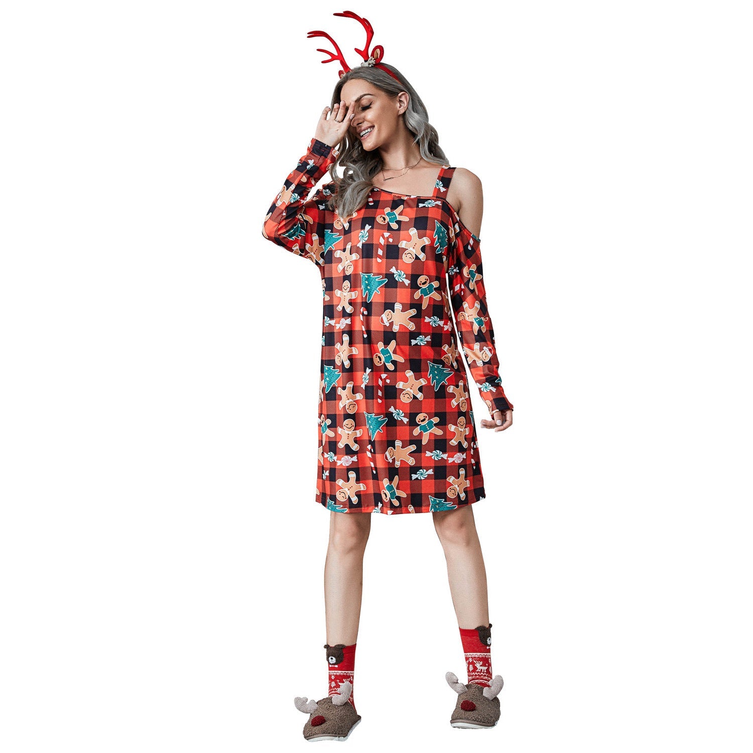 Christmas Plaid Print Off - shoulder Long Sleeve Dress - Rezaro