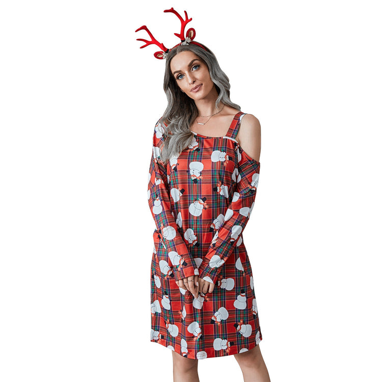 Christmas Plaid Print Off - shoulder Long Sleeve Dress - Rezaro