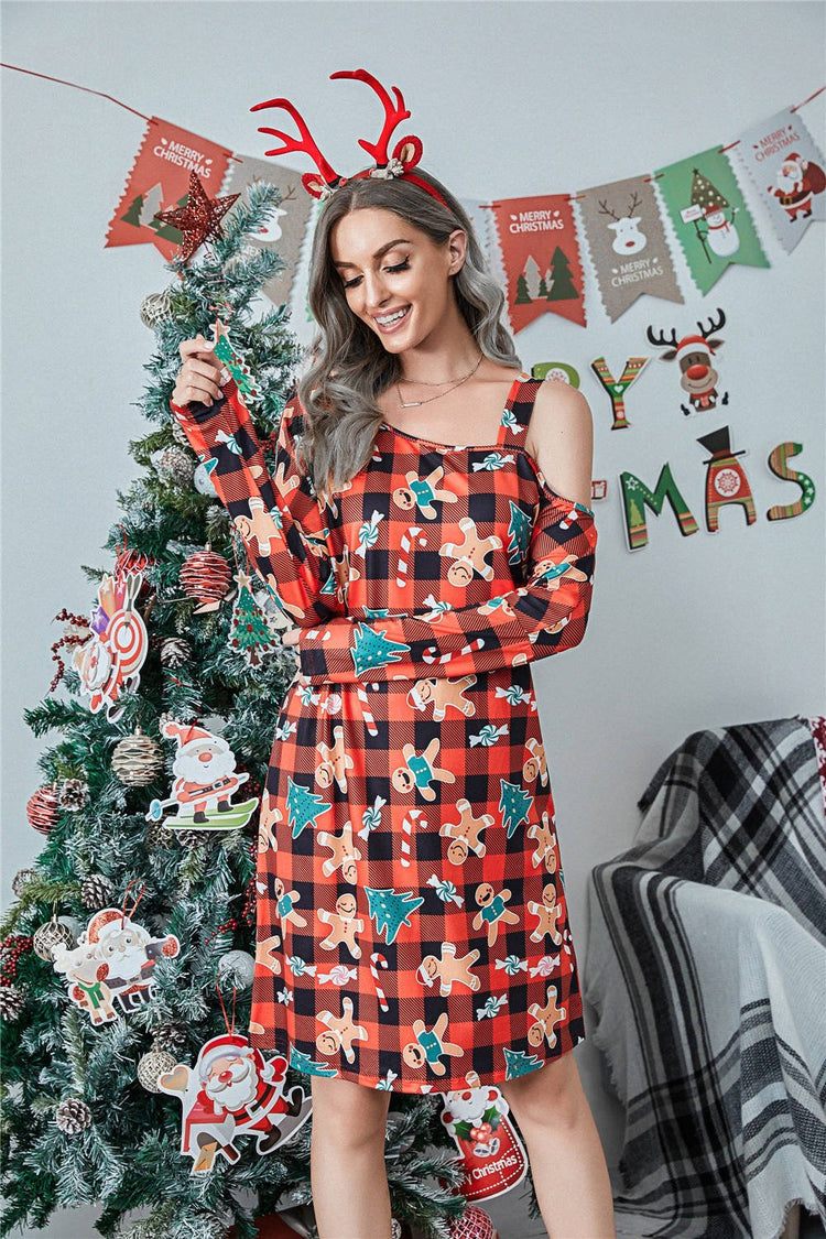Christmas Plaid Print Off - shoulder Long Sleeve Dress - Rezaro
