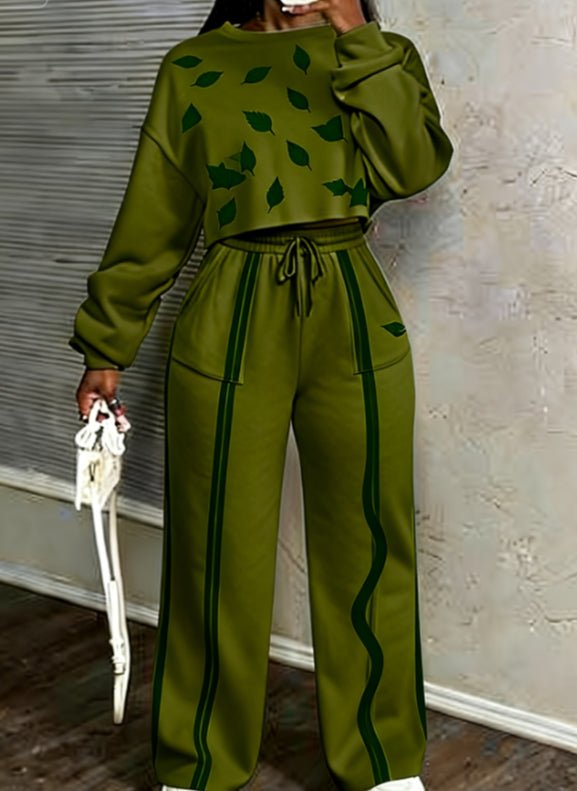 Printed Casual Cropped Sweatshirt And Wide - leg Pants Set - Rezaro