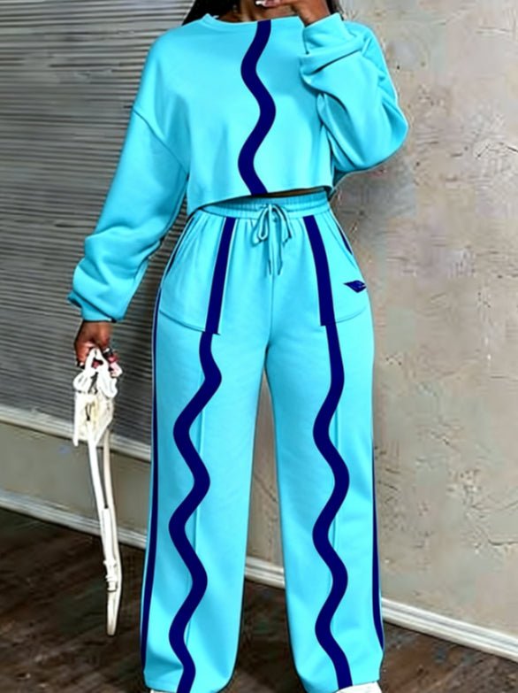 Printed Casual Cropped Sweatshirt And Wide - leg Pants Set - Rezaro