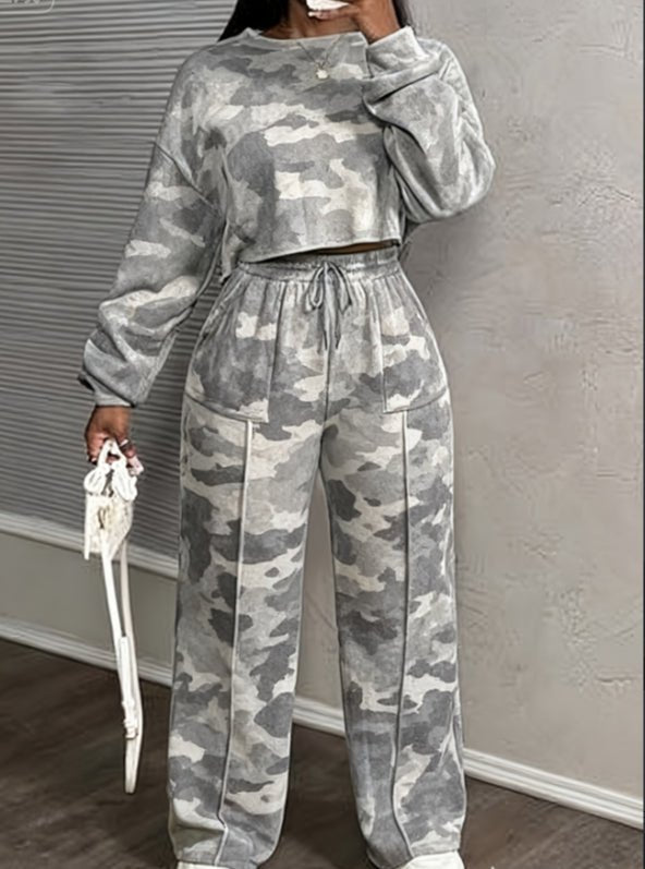 Printed Casual Cropped Sweatshirt And Wide - leg Pants Set - Rezaro
