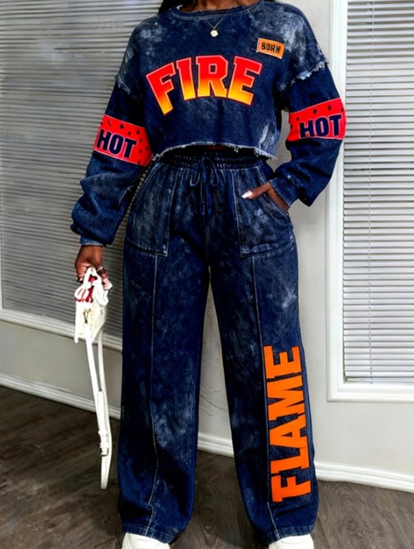 Printed Casual Cropped Sweatshirt And Wide - leg Pants Set - Rezaro