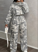 Printed Casual Cropped Sweatshirt And Wide - leg Pants Set - Rezaro