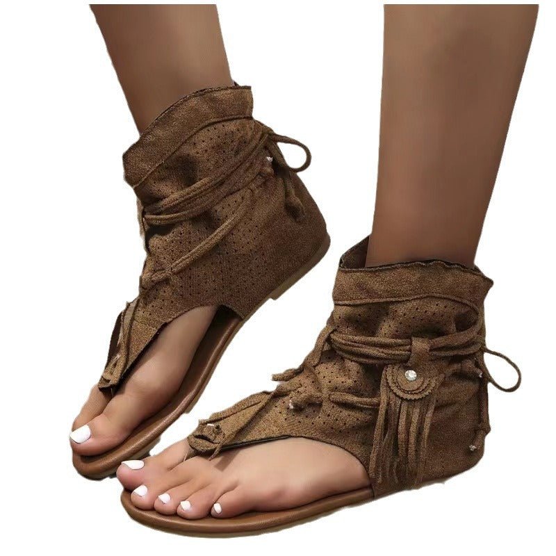 Retro Flat Bottom Tassel Hollow Toe Sandals - Rezaro