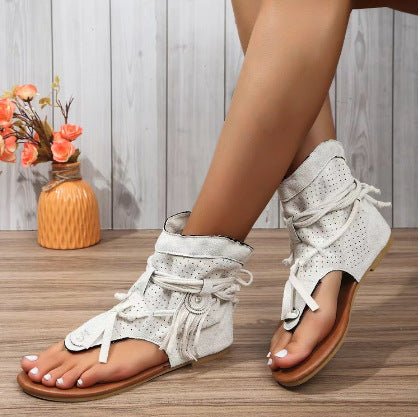 Retro Flat Bottom Tassel Hollow Toe Sandals - Rezaro