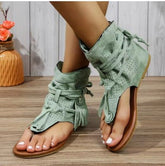 Retro Flat Bottom Tassel Hollow Toe Sandals - Rezaro