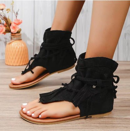 Retro Flat Bottom Tassel Hollow Toe Sandals - Rezaro