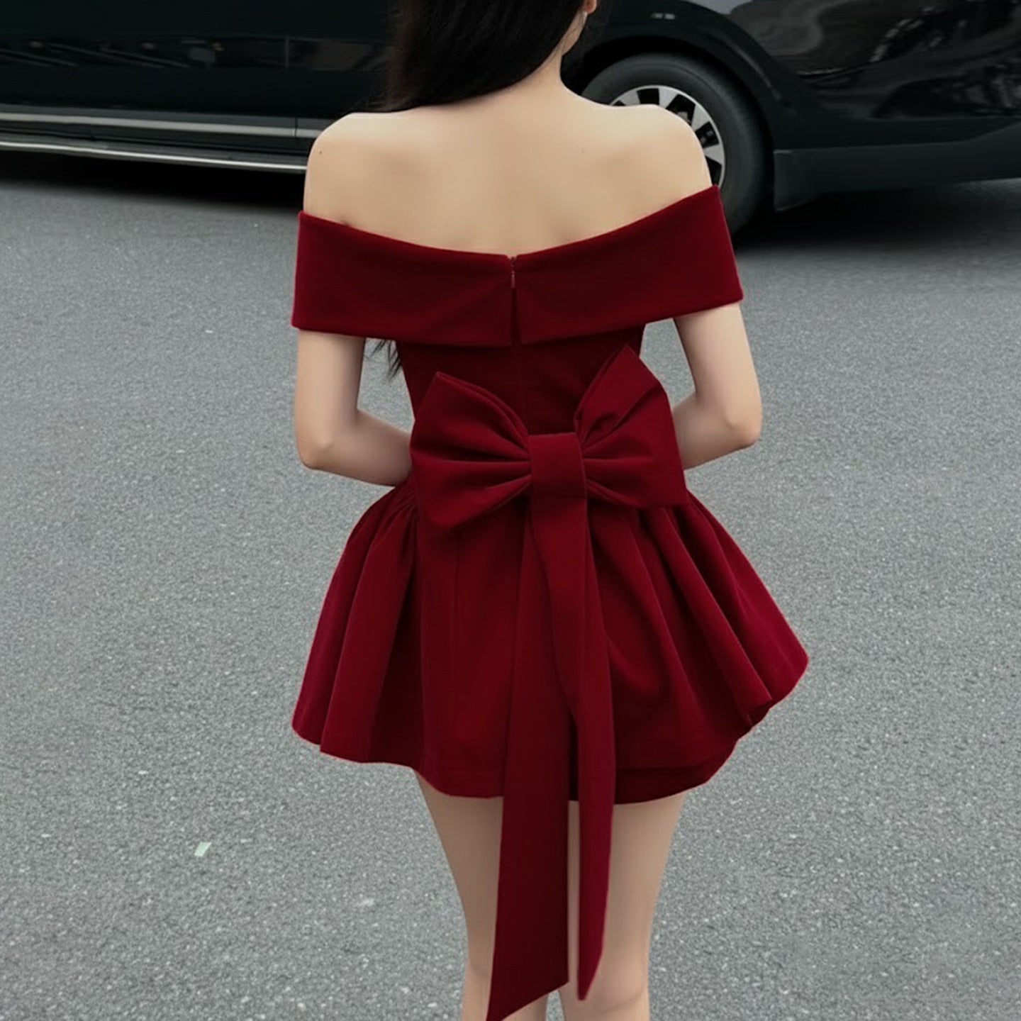 Sexy Backless Bow Red Velvet Waist - cinching A - line Dress - Rezaro