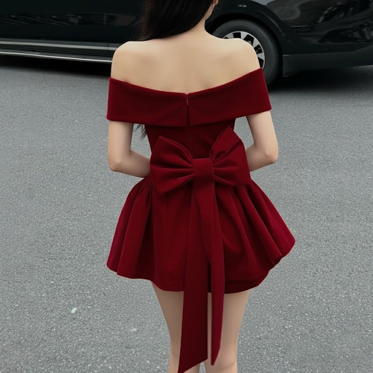Sexy Backless Bow Red Velvet Waist - cinching A - line Dress - Rezaro