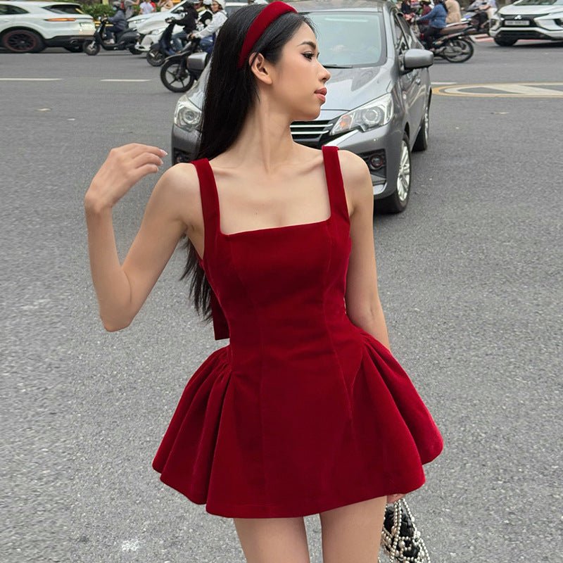 Sexy Backless Bow Red Velvet Waist - cinching A - line Dress - Rezaro