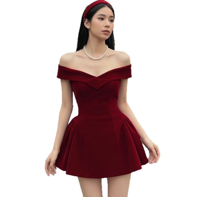 Sexy Backless Bow Red Velvet Waist - cinching A - line Dress - Rezaro