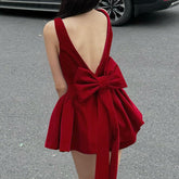 Sexy Backless Bow Red Velvet Waist - cinching A - line Dress - Rezaro